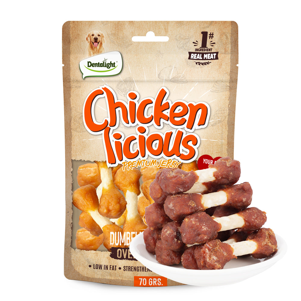 DENTALIGHT - Chicken Licious Premium Jerky Dog Training Treats, Dumbell of Chicken, Real Meat, High Protein, Weight Friendly, 70g