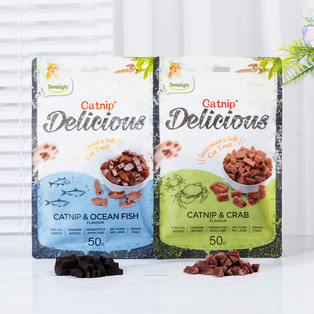 DENTALIGHT - Catnip Delicious, Soft Cat Chew Treat, Real Meat and Seafood, Fish Oil and Taurine Added, Prebiotics Enriched, 50g