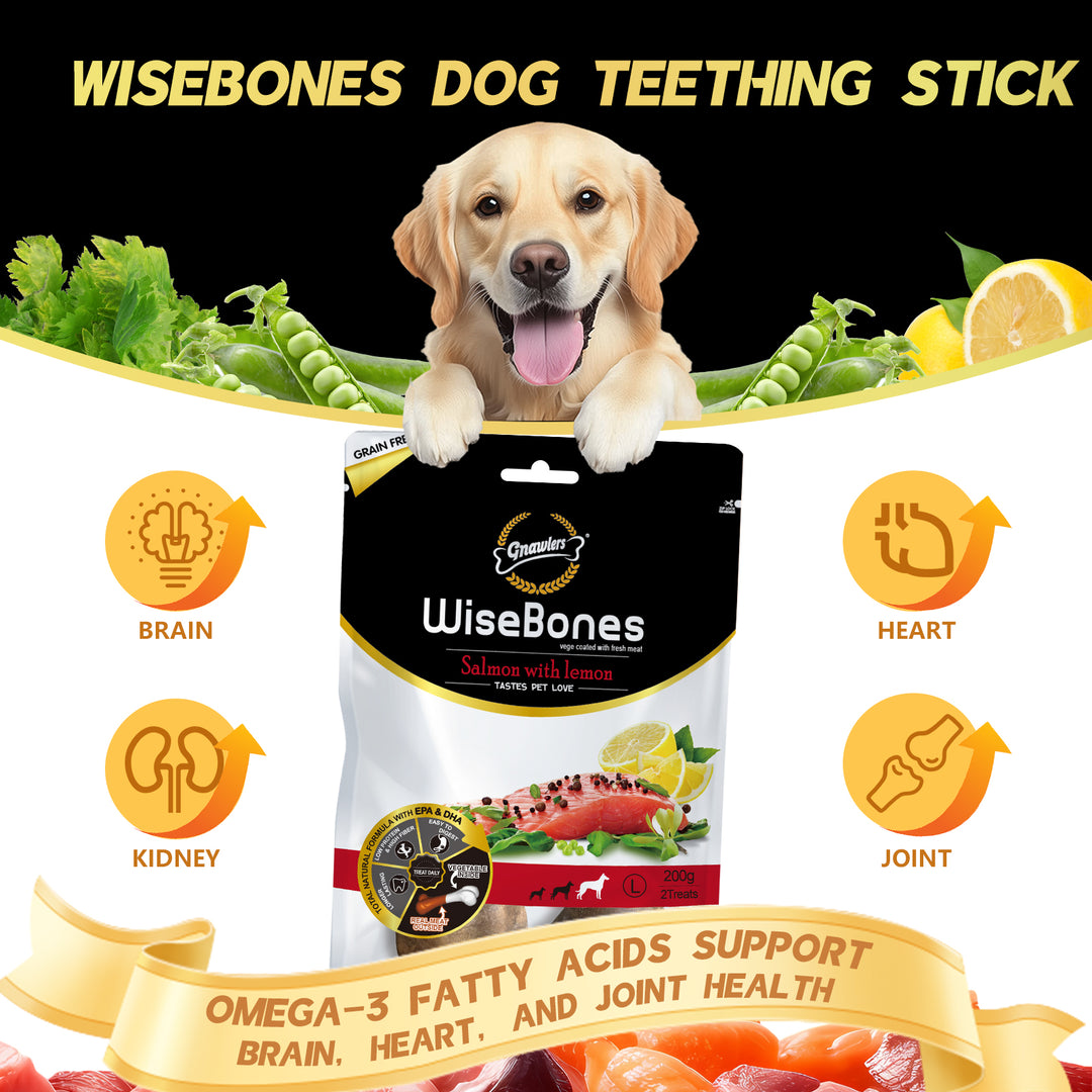 GNAWLERS - WiseBones Dog Teething Stick, Omega-3 (EPA & DHA), Low Protein, High Fiber, Long Lasting, 2 Treats/200g