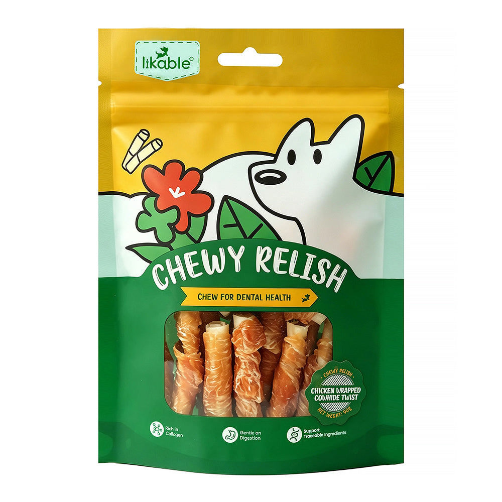 LB-03 Likable Chicken Wrapped Cowhide Twist, Long-Lasting Dog Chews for Dental Care, Chicken & Rawhide Treats, 90g