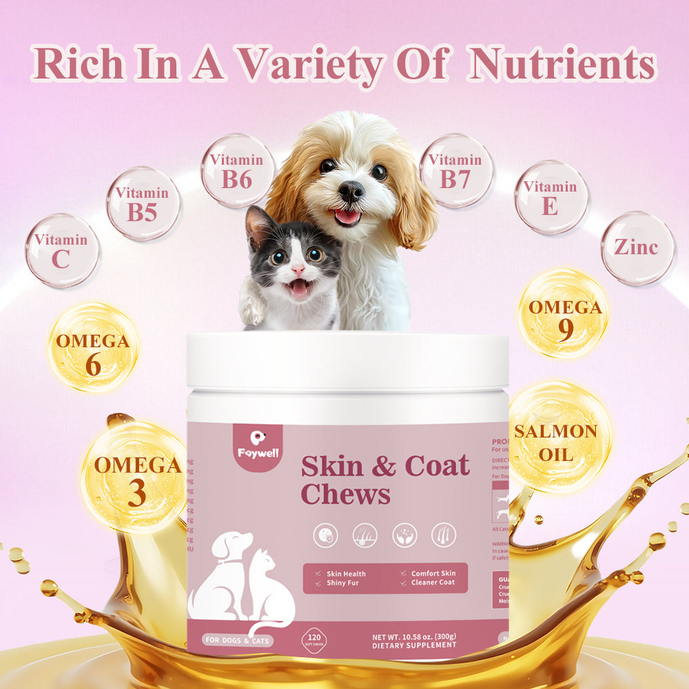 FAYWELL - Skin & Coat Chews Supplement for Dogs & Cats, Omega & Salmon Oil Support Skin Health & Shiny Fur, 120ct/300g