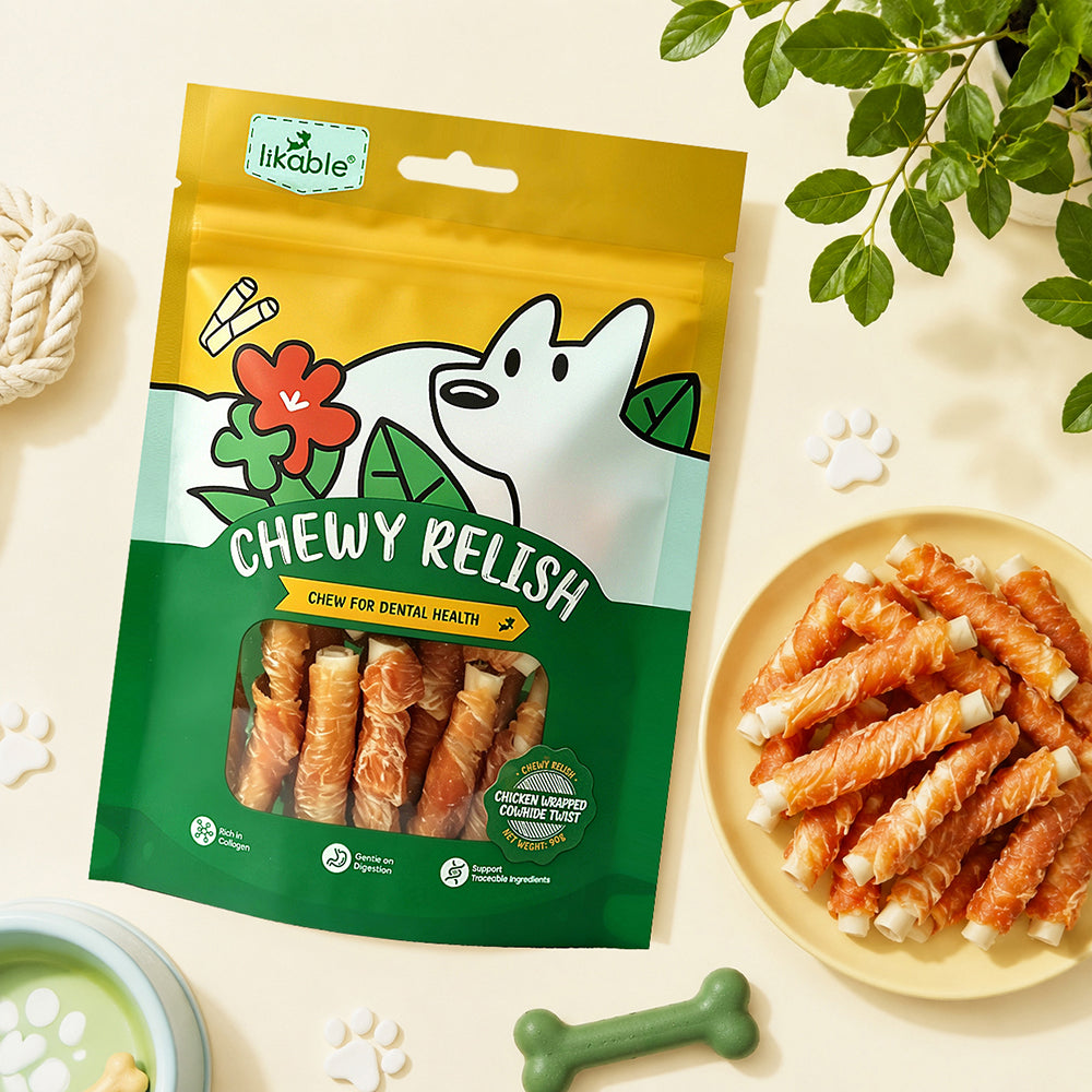 LB-03 Likable Chicken Wrapped Cowhide Twist, Long-Lasting Dog Chews for Dental Care, Chicken & Rawhide Treats, 90g