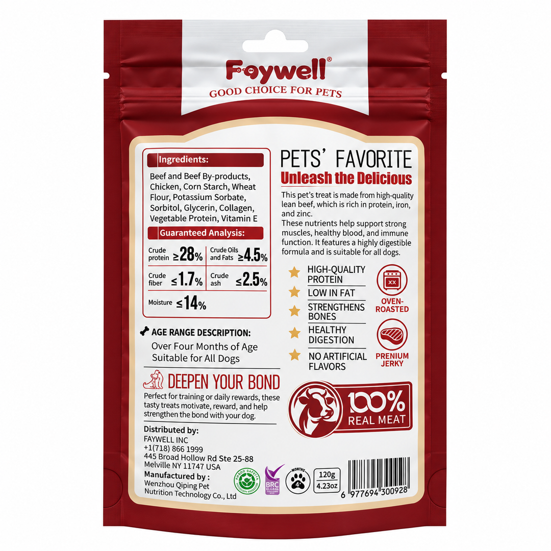 Faywell - Beefy Jerky Dog Training Treats, Sausage of Beef, Collagen and High Protein, Grain Free, 4.23OZ(120g)