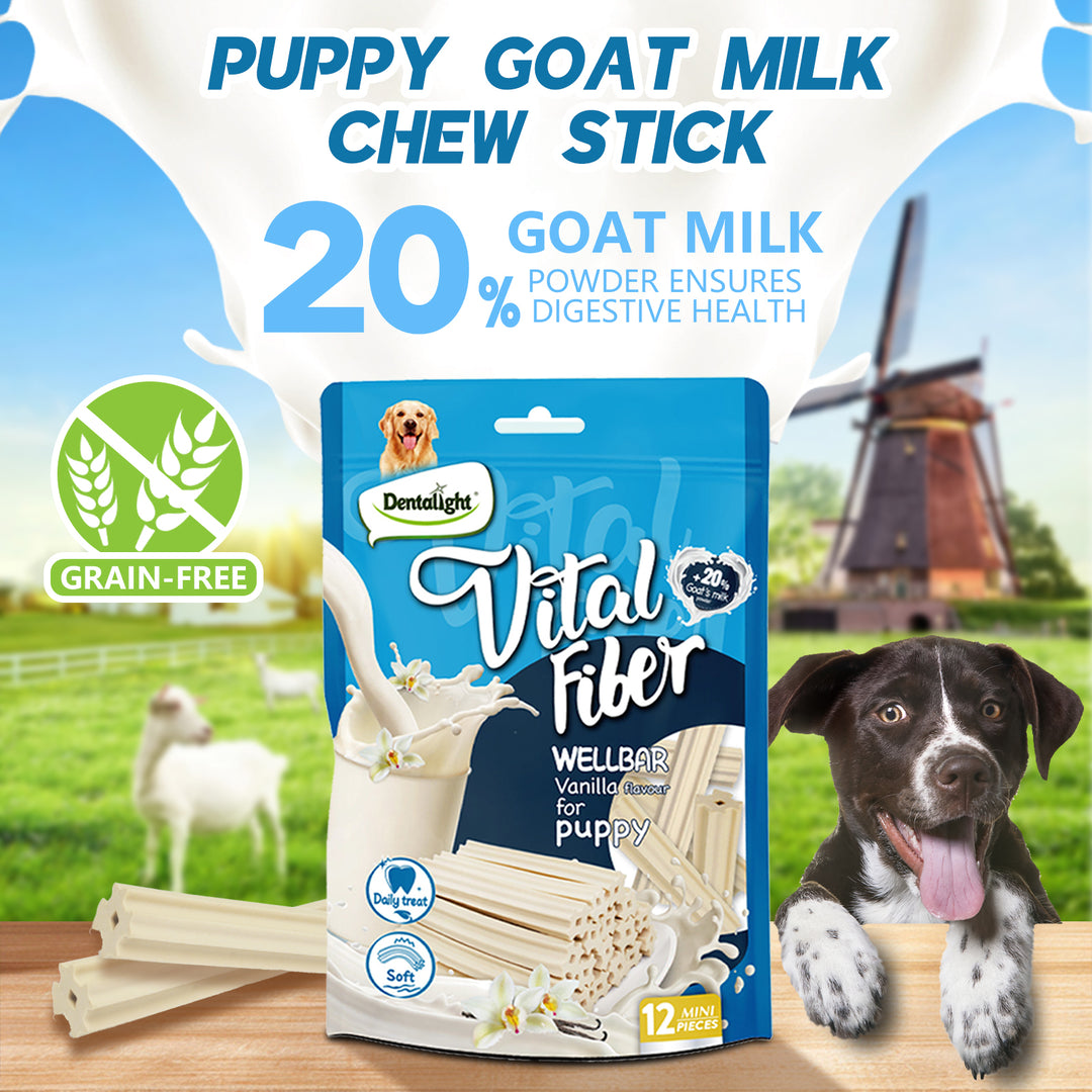 DENTALIGHT - Vital Fiber Wellbar Puppy Chew Treats, Goat Milk, Rich in Calcium and Protein, Soft Vanilla Texture, 12pcs, 80g