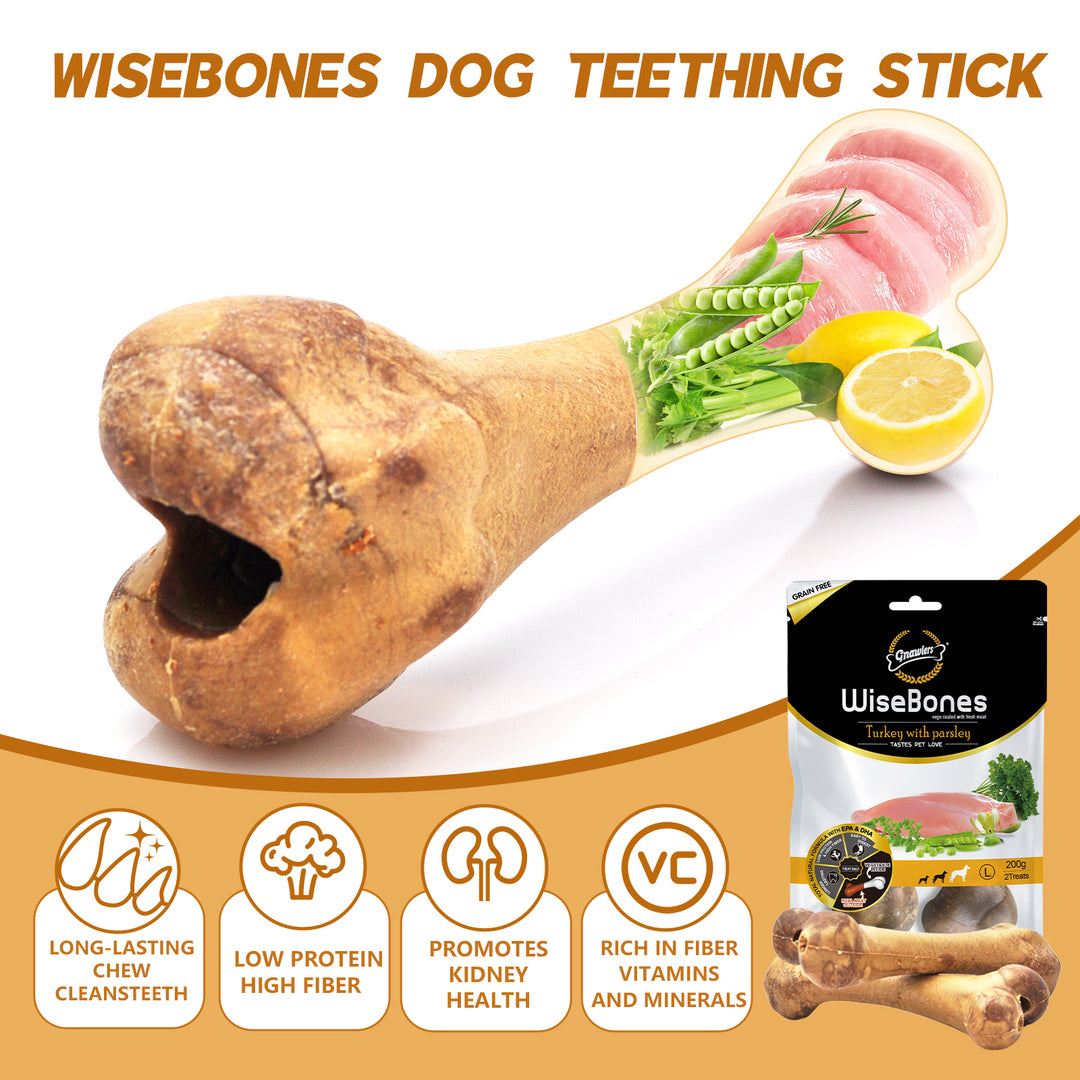 GNAWLERS - WiseBones Dog Teething Stick, Omega-3 (EPA & DHA), Low Protein, High Fiber, Long Lasting, 2 Treats/200g