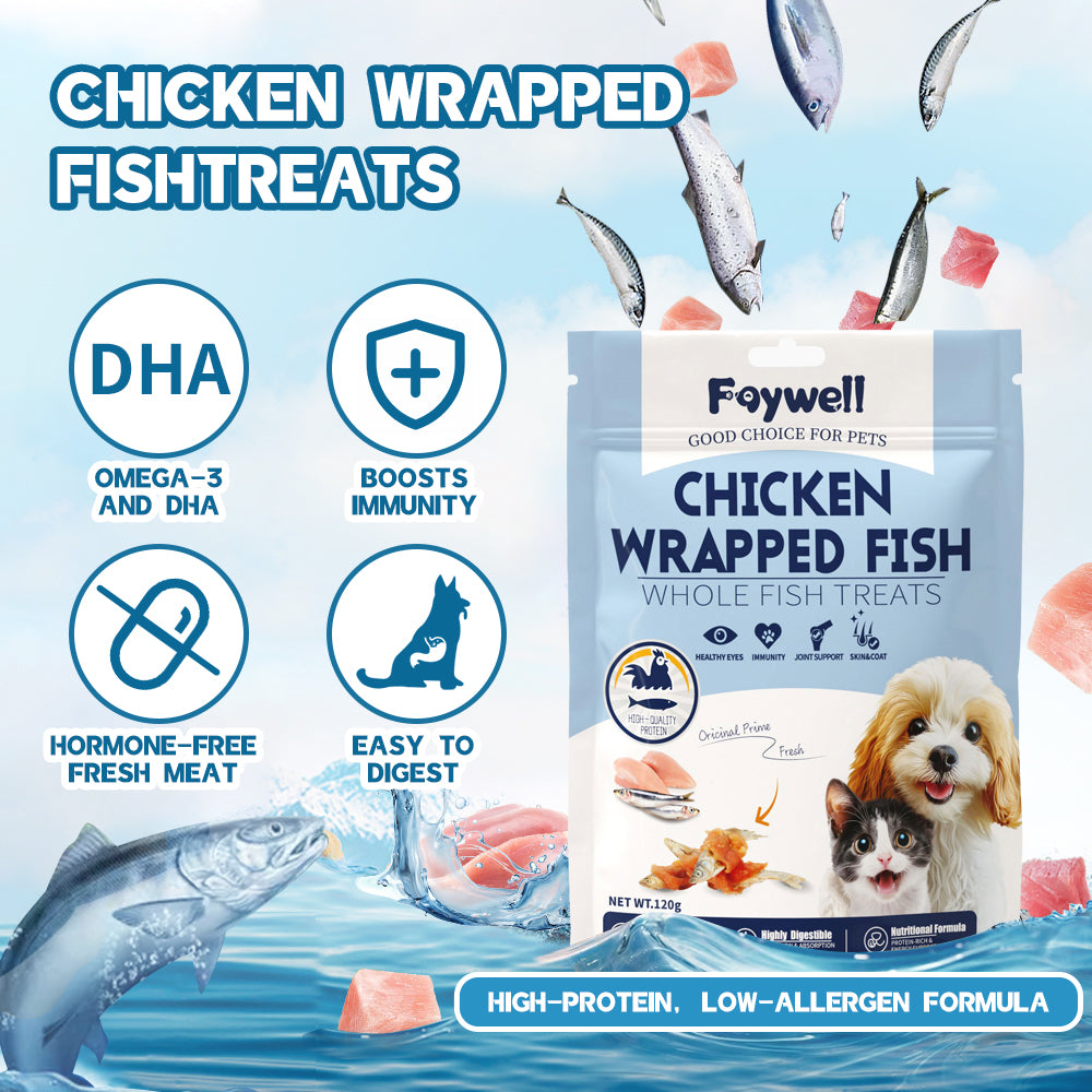 FAYWELL - Chicken Wrapped Fish Treats for Dogs & Cats, Protein + Omega-3, Joint & Coat Support, Easy Digest, 120g/30g