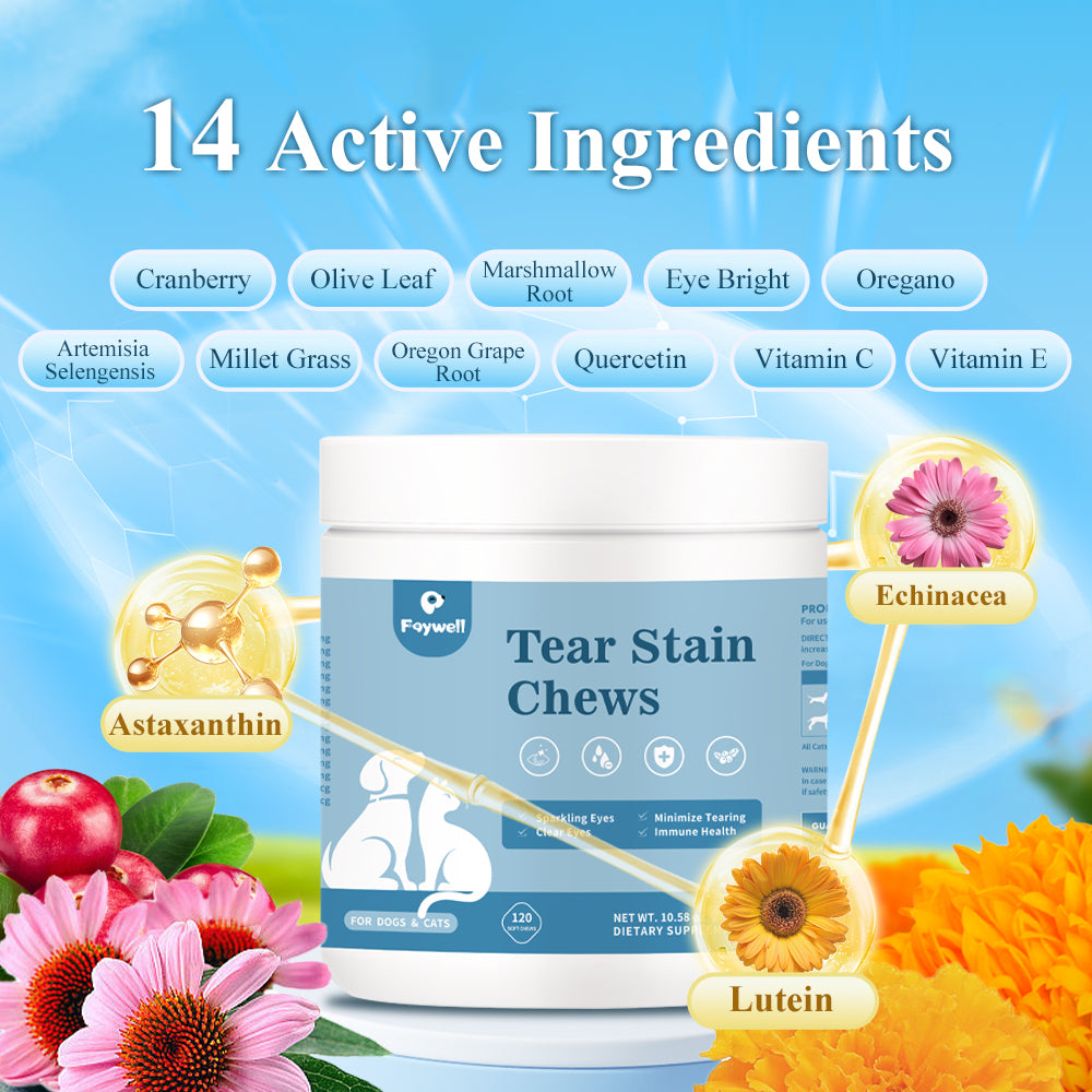 FAYWELL - Tear Stain Chews Supplement for Dogs & Cats, Minimize Tearing, Lutein and Astaxanthin Support Eye Health, 120ct/300g