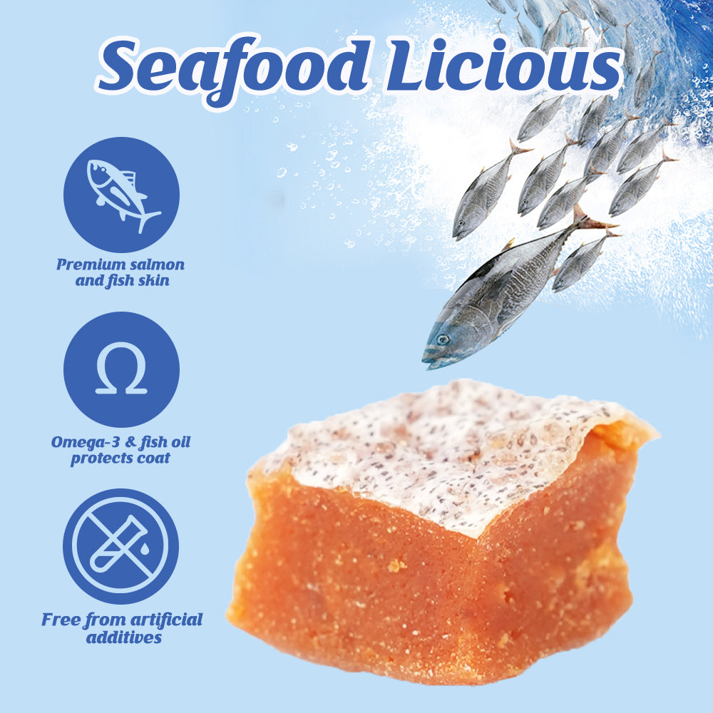 DENTALIGHT - Seafood Licious Premium Jerky Dog Training Treats, Cube of Salmon, Omega-3 & Fish Oil, High Protein, 70g