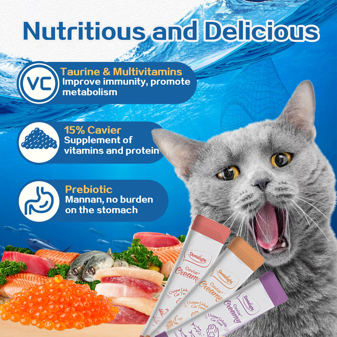 DENTALIGHT - Caviar Chicken Creamy, Handheld Lickable Wet Cat Treat, Prebiotics and Fish Oil Added, Grain Free, 5pcs, 50g