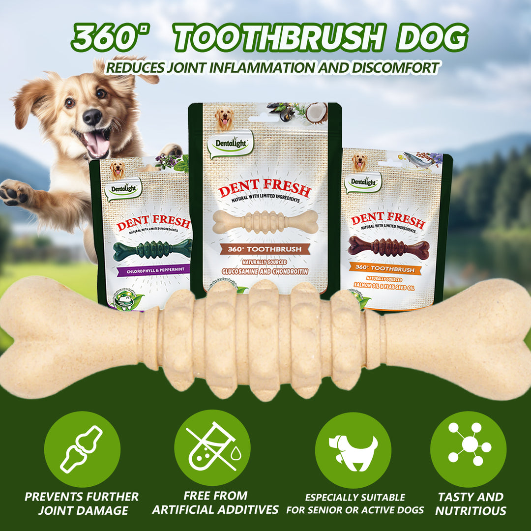 DENTALIGHT - Dent Fresh 360° Toothbrush Dog Chew, Fresh Breath and Remove Plaque, Support Joint & Cartilage, 18pcs, 150g