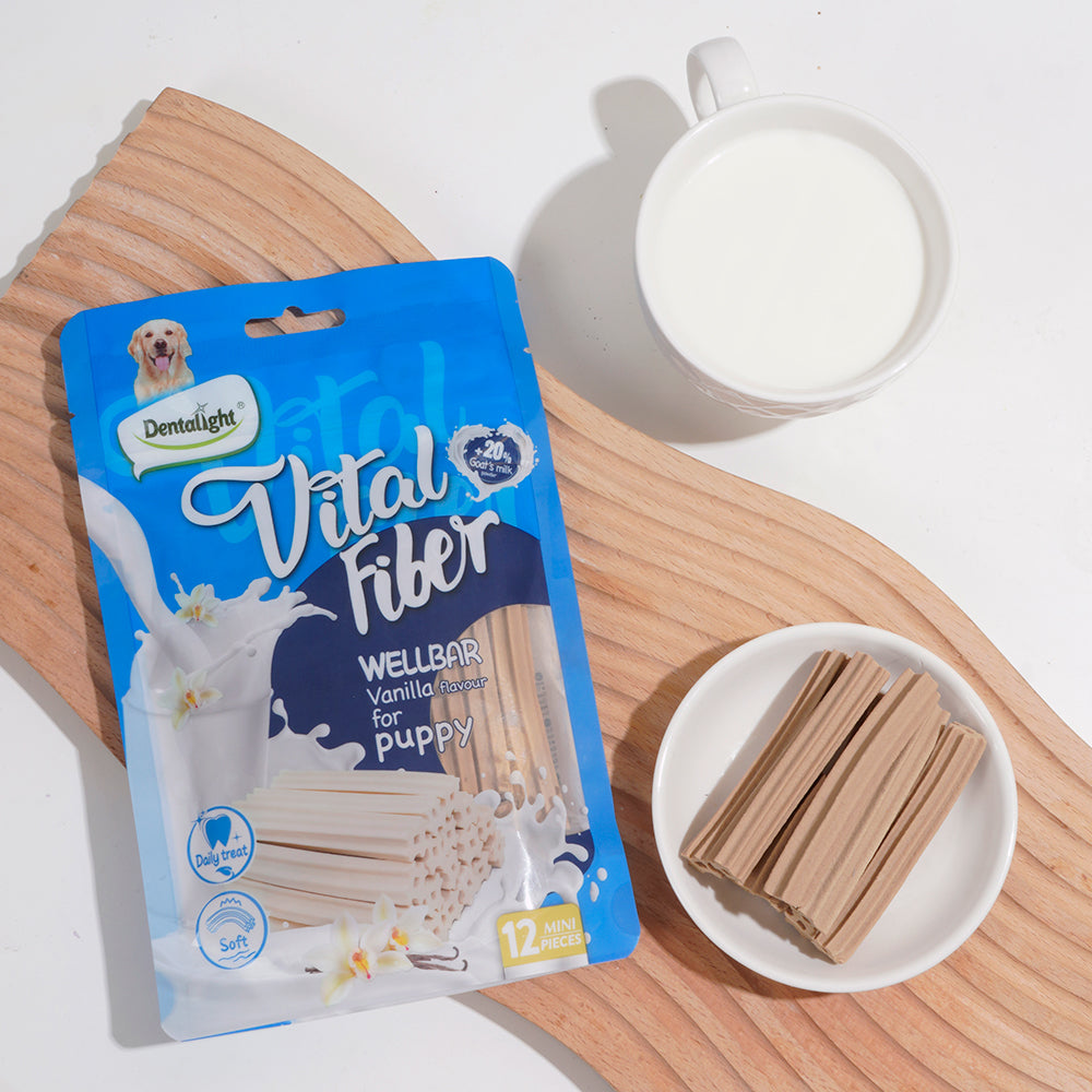DENTALIGHT - Vital Fiber Wellbar Puppy Chew Treats, Goat Milk, Rich in Calcium and Protein, Soft Vanilla Texture, 12pcs, 80g