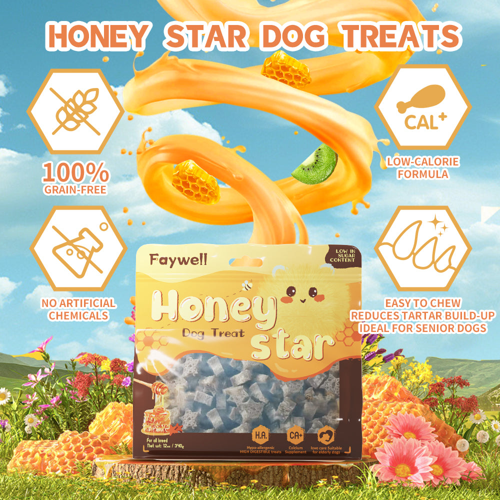 FAYWELL - Honey Star Soft Dog Daily Chews, Rich in Calcium & Fiber, Low-Calorie, for Senior Dogs, 12oz/3oz