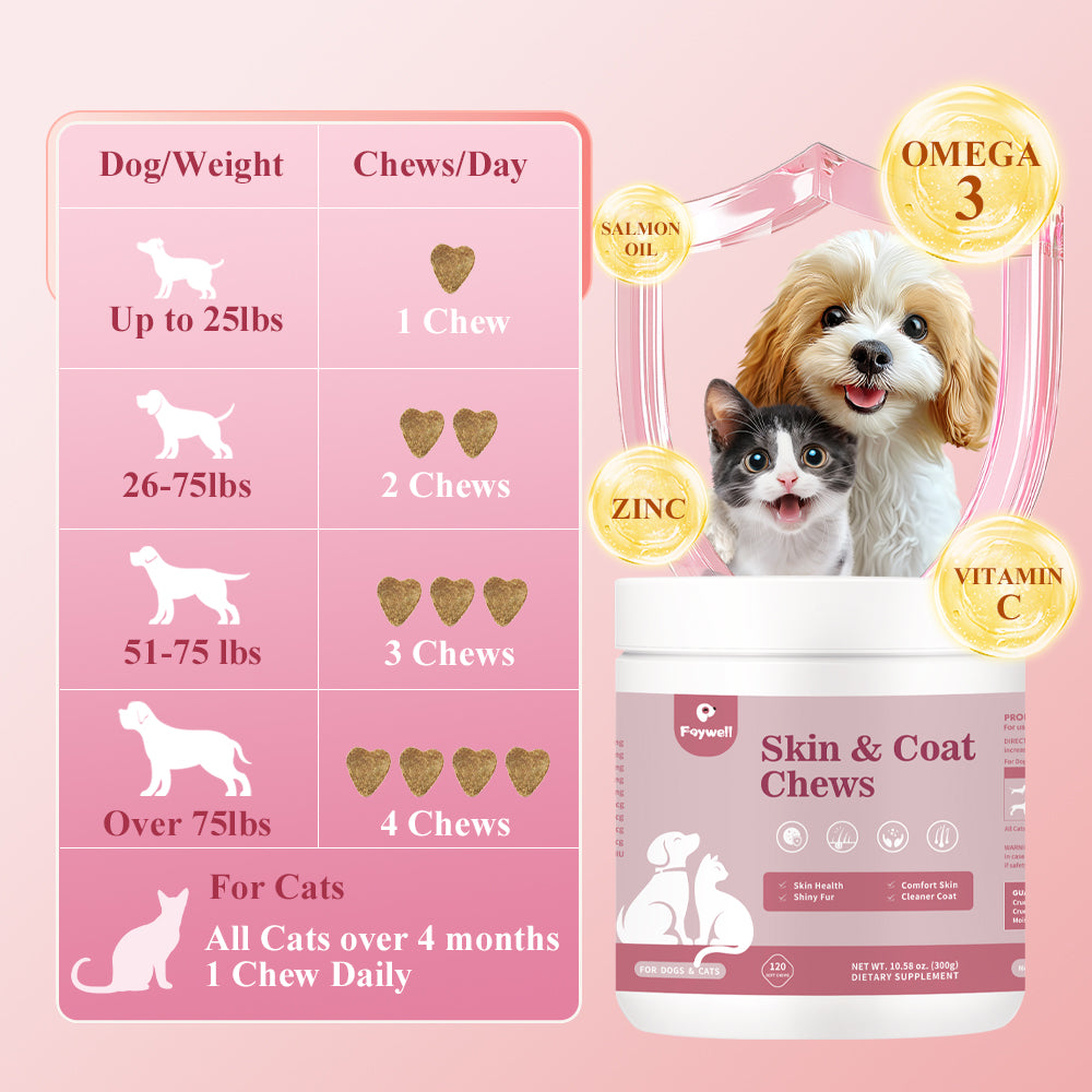 FAYWELL - Skin & Coat Chews Supplement for Dogs & Cats, Omega & Salmon Oil Support Skin Health & Shiny Fur, 120ct/300g