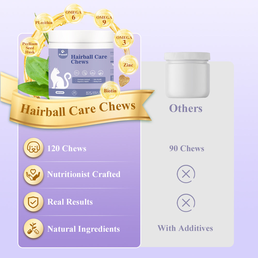 FAYWELL - Hairball Care Chews Supplement for Cats, Psyllium Seed and Vitamins Support Hairball Issues and Digestive Health, 120ct/300g