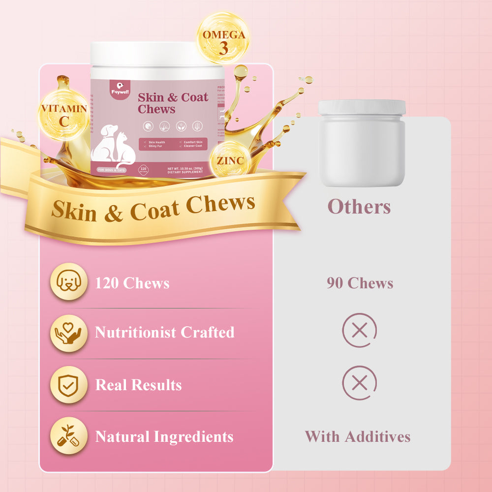 FAYWELL - Skin & Coat Chews Supplement for Dogs & Cats, Omega & Salmon Oil Support Skin Health & Shiny Fur, 120ct/300g