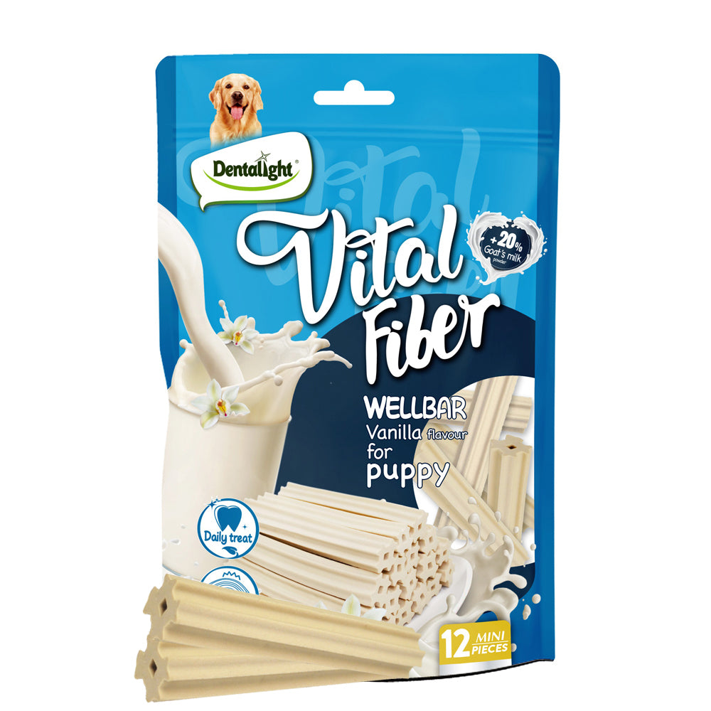 DENTALIGHT - Vital Fiber Wellbar Puppy Chew Treats, Goat Milk, Rich in Calcium and Protein, Soft Vanilla Texture, 12pcs, 80g