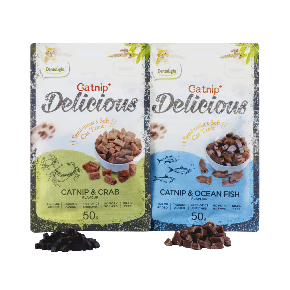 DENTALIGHT - Catnip Delicious, Soft Cat Chew Treat, Real Meat and Seafood, Fish Oil and Taurine Added, Prebiotics Enriched, 50g