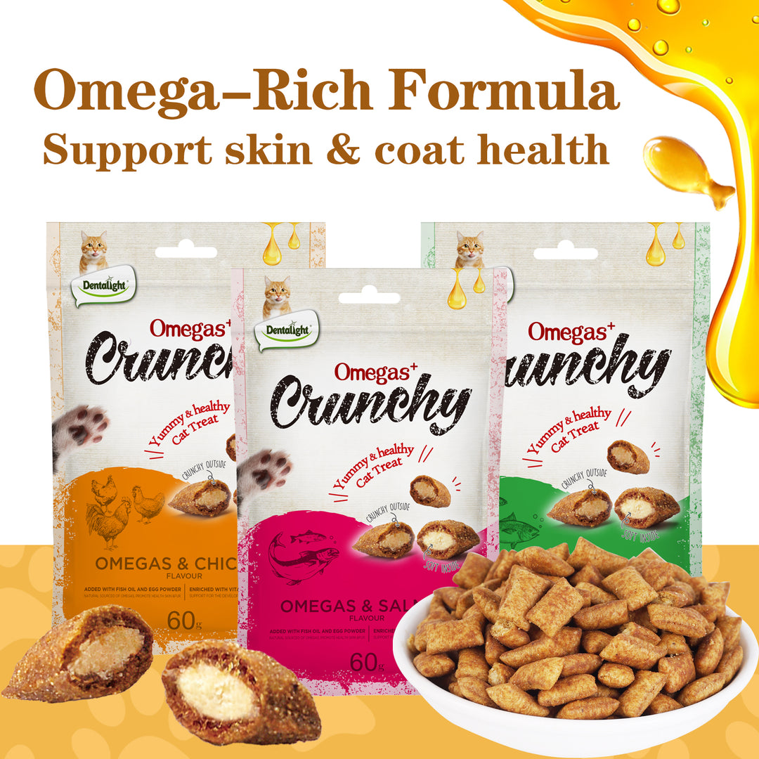 DENTALIGHT - Omegas Crunchy Cat Chew Treat, Rich in Fish Oil and Egg Powder, Vitamins & Minerals Enriched, 60g