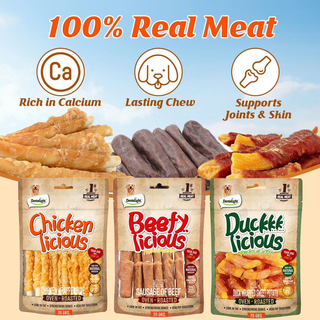 Dentalight - Jerky Dog Training Treats, Chicken/Duck/Beef, RawHide Layer, Real Meat, Dietary Fiber, Immune Support,  7.41 oz(210g), Pack of 3 (3 Flavors) DL-25-27