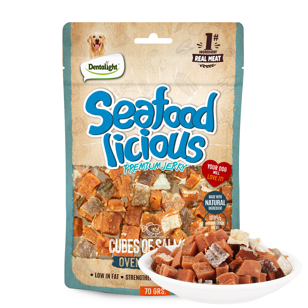 DENTALIGHT - Seafood Licious Premium Jerky Dog Training Treats, Cube of Salmon, Omega-3 & Fish Oil, High Protein, 70g