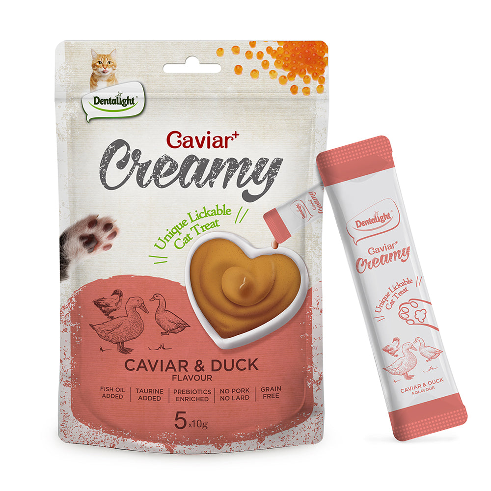 DENTALIGHT - Caviar Chicken Creamy, Handheld Lickable Wet Cat Treat, Prebiotics and Fish Oil Added, Grain Free, 5pcs, 50g