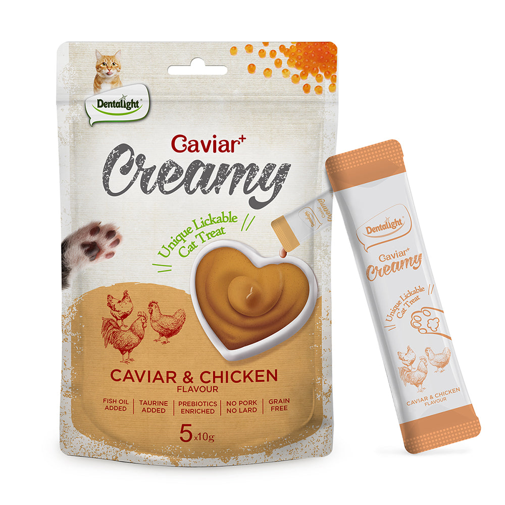DENTALIGHT - Caviar Chicken Creamy, Handheld Lickable Wet Cat Treat, Prebiotics and Fish Oil Added, Grain Free, 5pcs, 50g