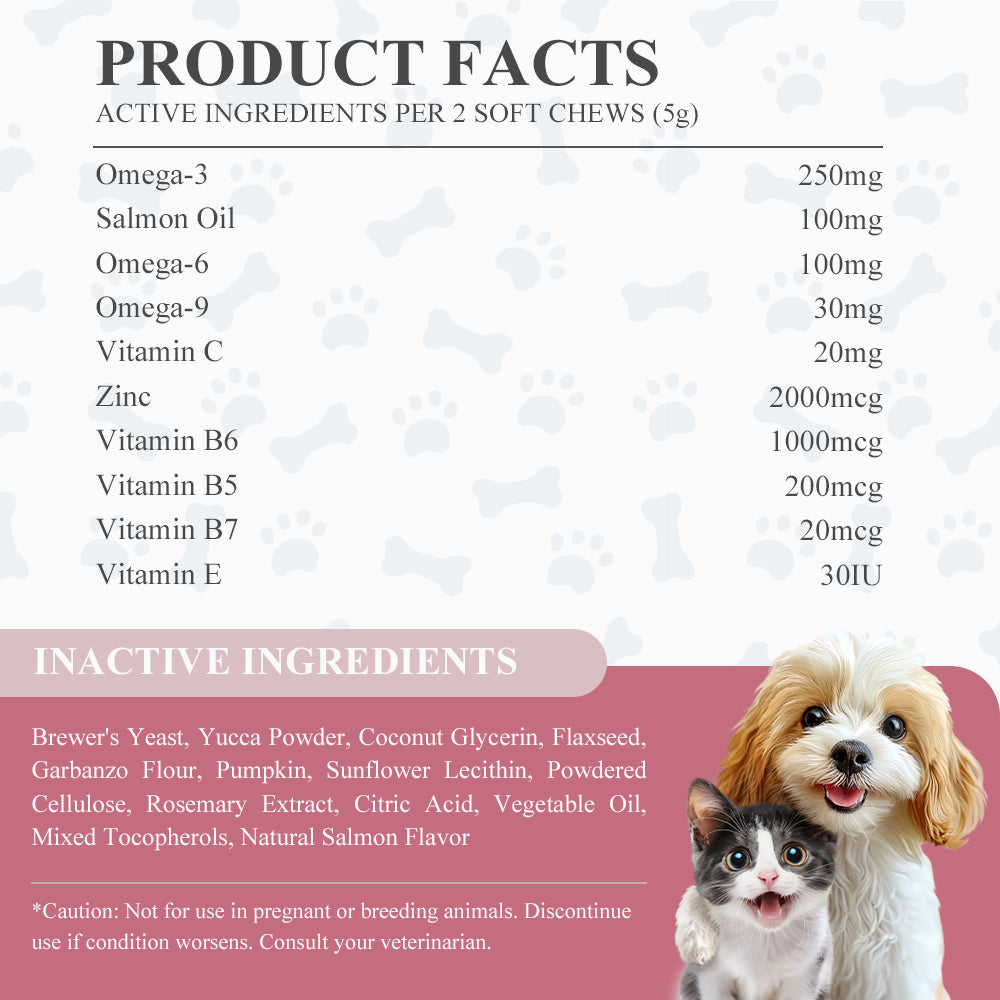FAYWELL - Skin & Coat Chews Supplement for Dogs & Cats, Omega & Salmon Oil Support Skin Health & Shiny Fur, 120ct/300g