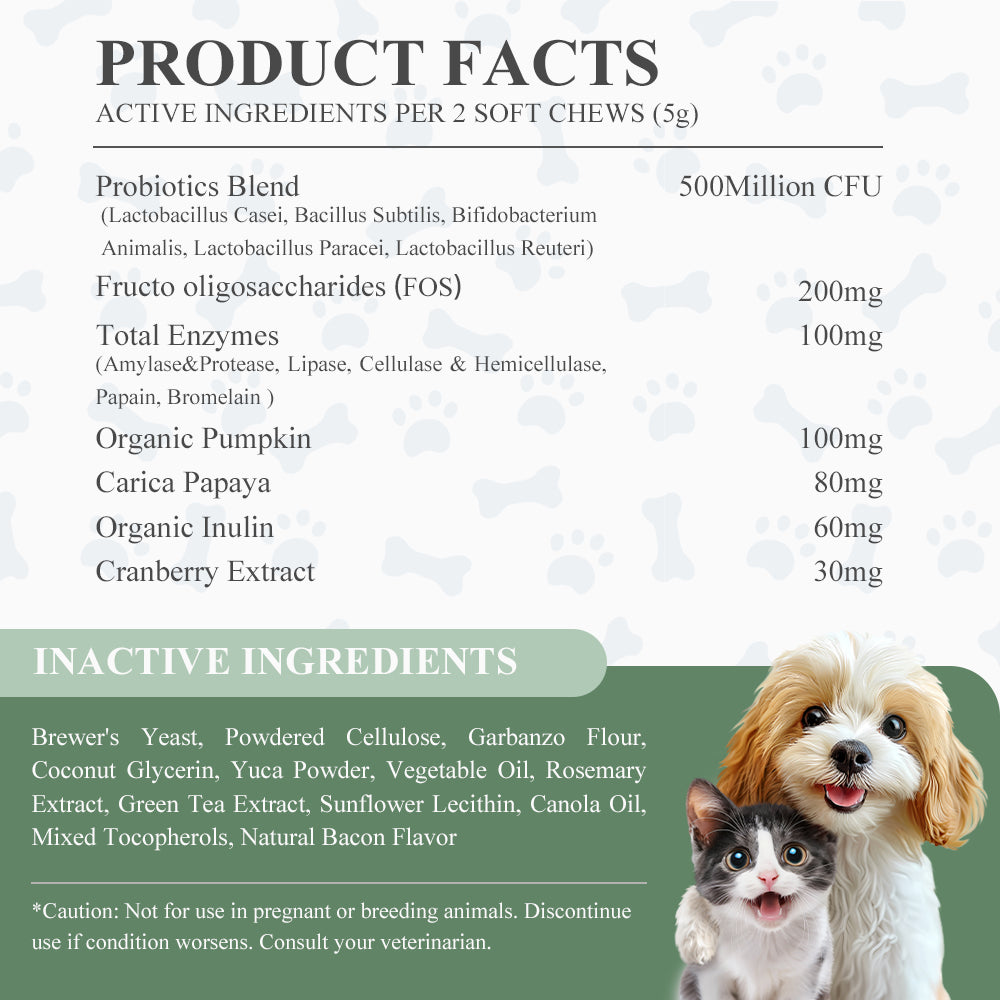 FAYWELL - Freeze-dried Probiotics Chews Supplement for Dogs & Cats, 5-in-1 Probiotic Blend for Digestive and Gut Health, 120ct/300g
