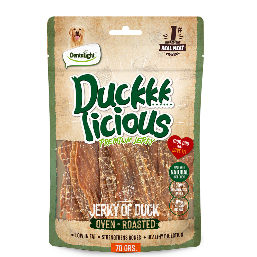 Dentalight - Jerky Dog Training Treats,Chicken/Duck/Beef/Salmon, Calcium Rich, Immune Support, High Protein, Omega-3 & Fish Oil, 9.88 oz(280g)/4 Packs (4 Flavors) DL-21-24