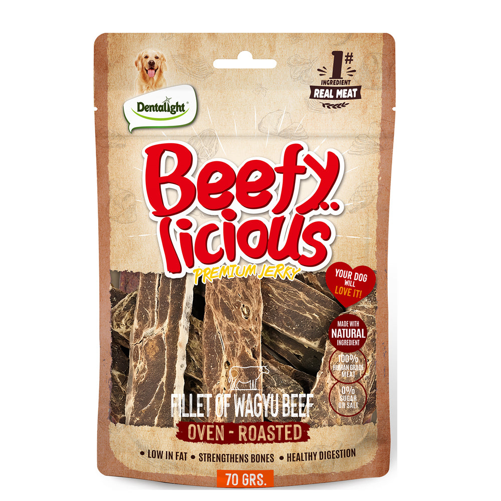 DENTALIGHT - Beefy Licious Premium Jerky Dog Training Treats, Fillet of Wagyu Beef, Real Meat, High Protein, Calcium Rich, 70g