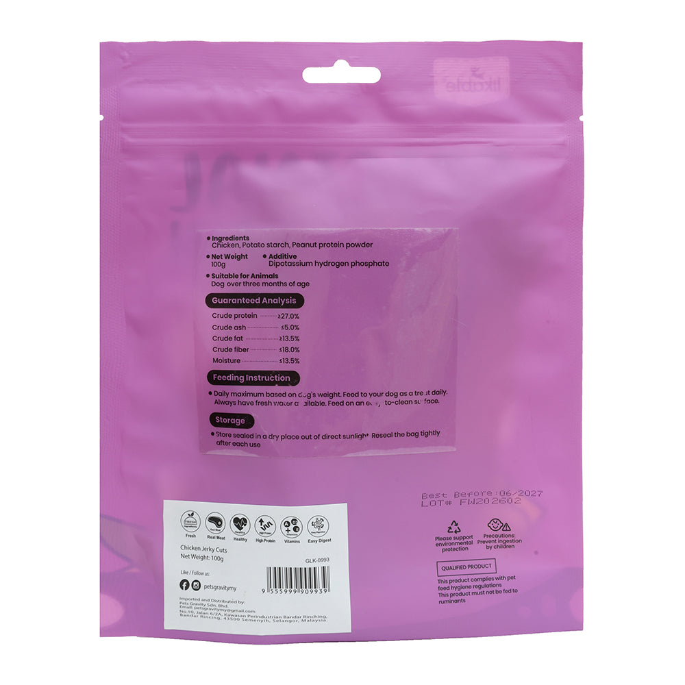 LB-06 Likable Chicken Jerky Cuts, High Protein Chewy Dog Treats, Savory Chicken Training & Reward Snacks for Dogs, 100g
