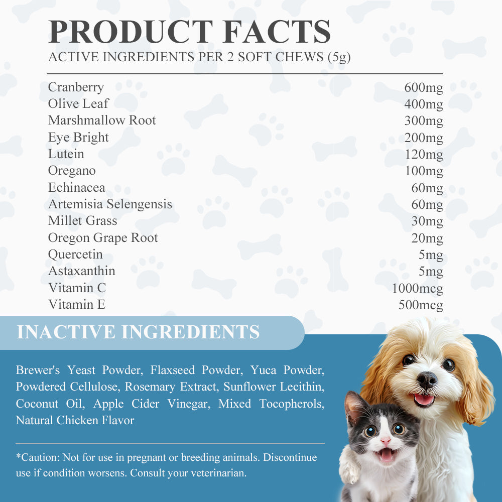 FAYWELL - Tear Stain Chews Supplement for Dogs & Cats, Minimize Tearing, Lutein and Astaxanthin Support Eye Health, 120ct/300g