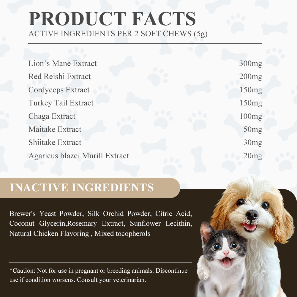 FAYWELL - Mushroom Essence Chews Supplement for Dogs & Cats, 8-in-1  Formula for Immune, Cognitive and Heart Function, 120ct/300g